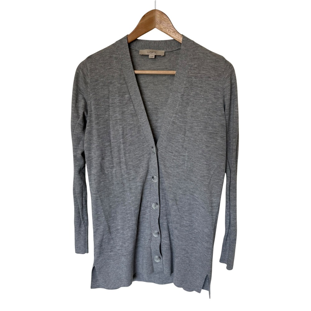 LOFT Cardigan Sweater Women Small Grey Excellent Wool Blend V-Neck Button Front